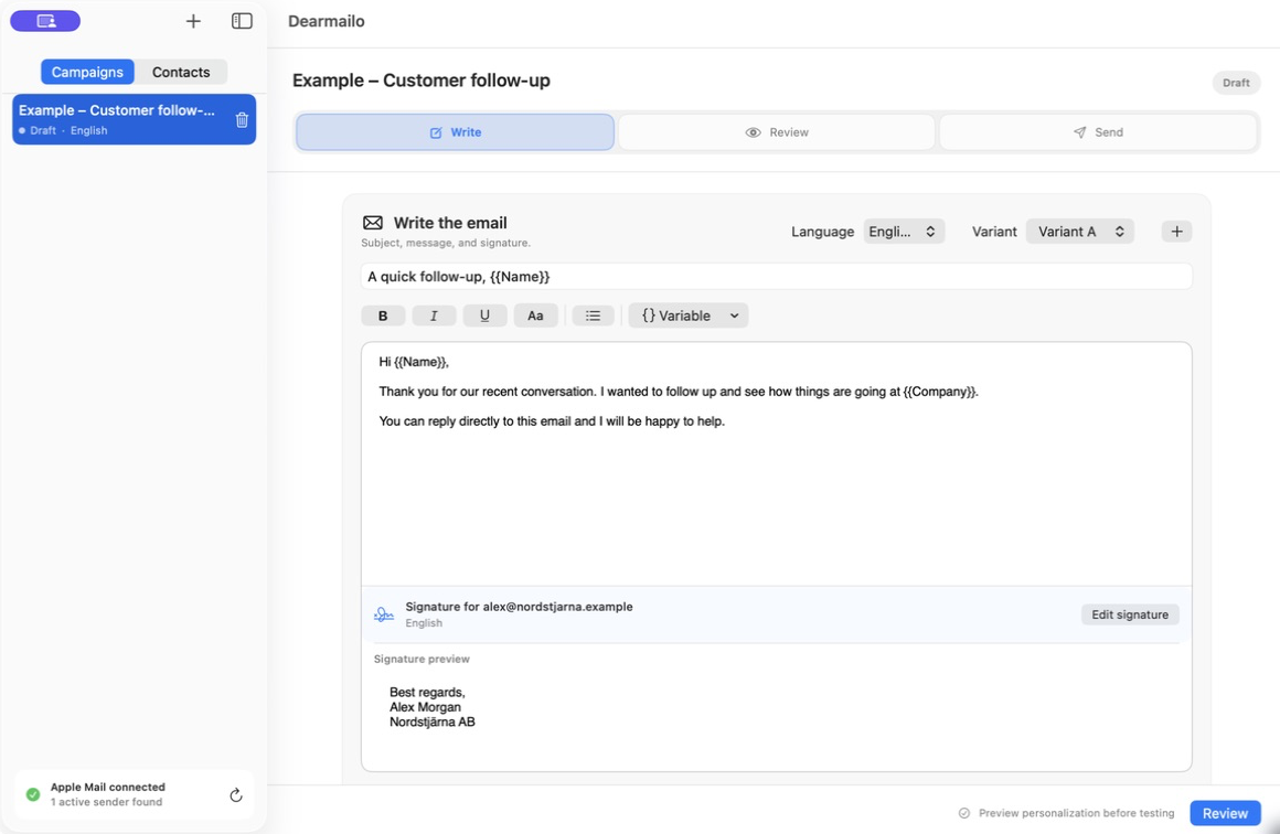 Dearmailo’s Write view with subject, rich text, variables, language, signature, sender, and recipient controls