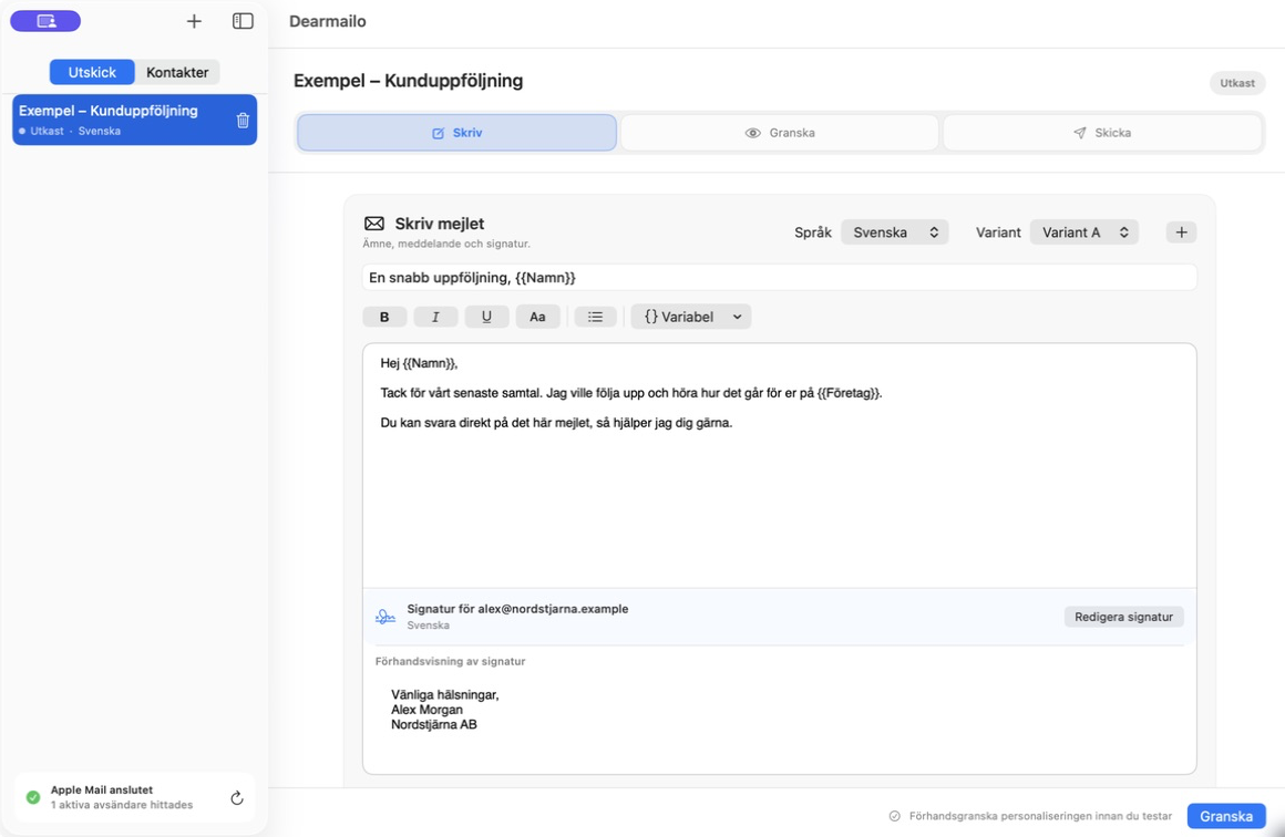 Dearmailos skrivvy med ämne, formaterad text, variabler, språk, signatur, avsändare och mottagare
