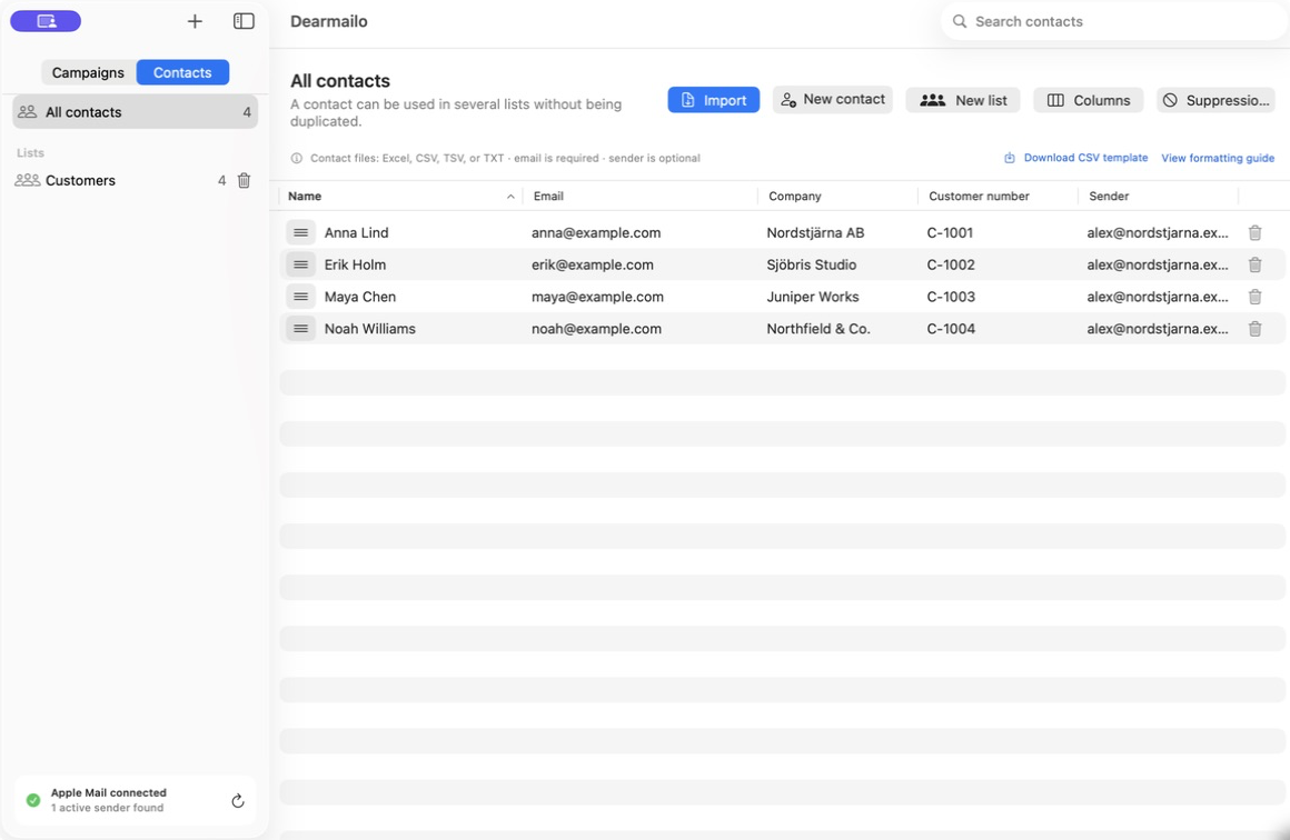 Dearmailo’s Contacts view with import, new contact, list, column, and suppression controls