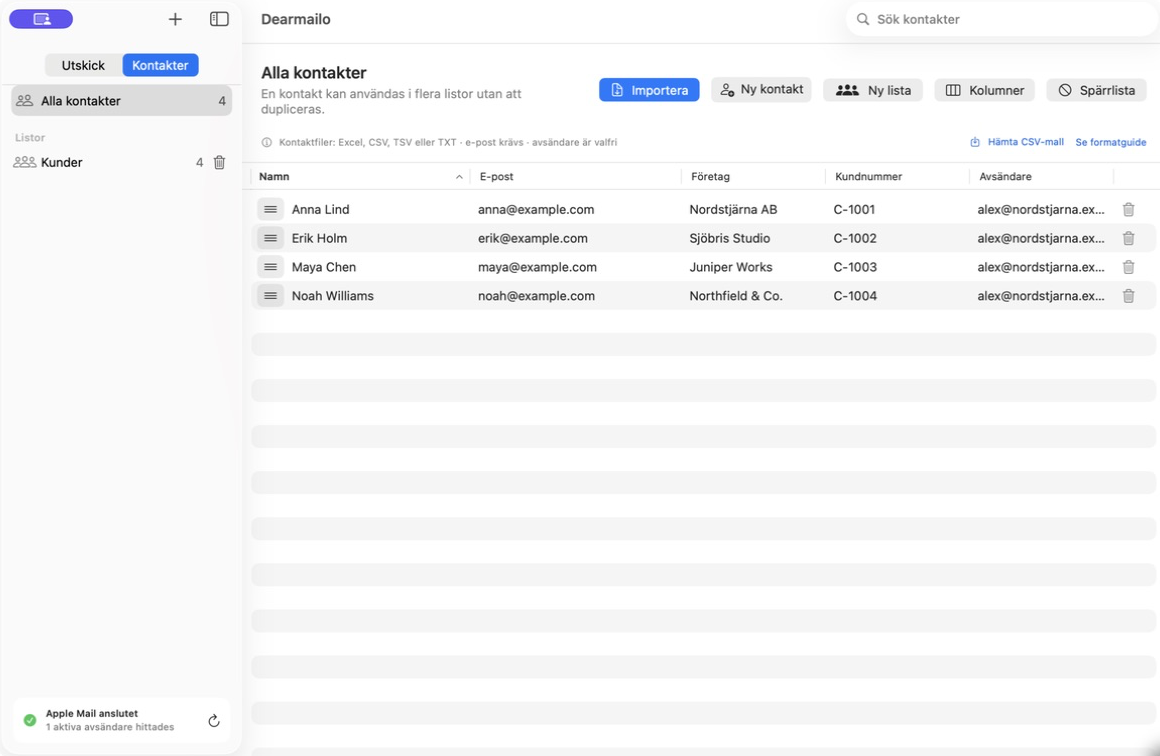 Dearmailos kontaktvy med import, ny kontakt, lista, kolumner och spärrlista
