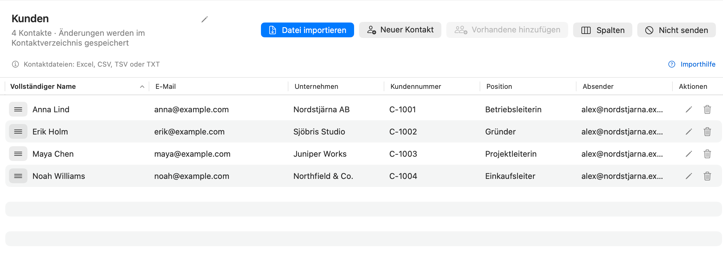 Dearmailos Kontaktbibliothek mit einer Beispielkundenliste und Importfunktionen