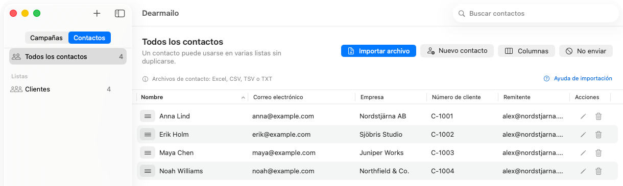 Contactos de Dearmailo con Todos los contactos seleccionado, la lista Clientes en la barra lateral y controles para editar, eliminar y No enviar.