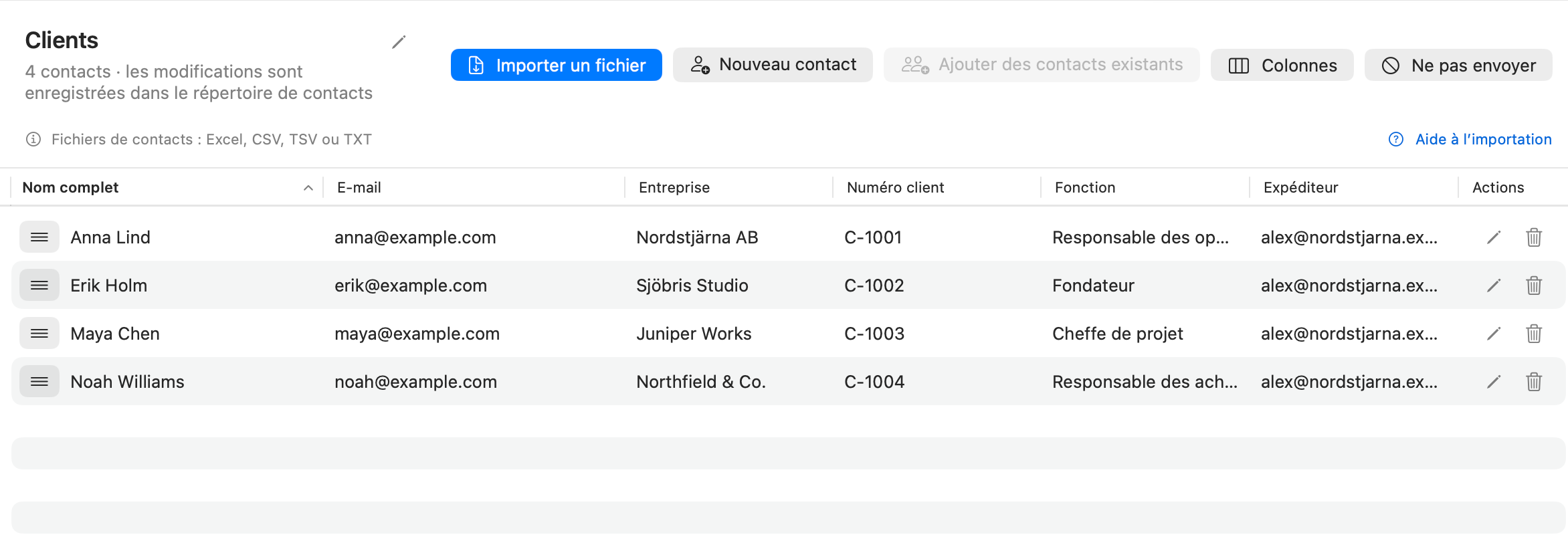 Bibliothèque de contacts de Dearmailo avec une liste de clients d’exemple et les commandes d’importation