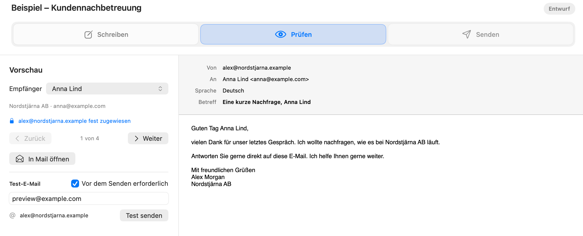 Dearmailos Ansicht Prüfen mit einer persönlichen E-Mail, einer Testadresse und der Schaltfläche Test senden.