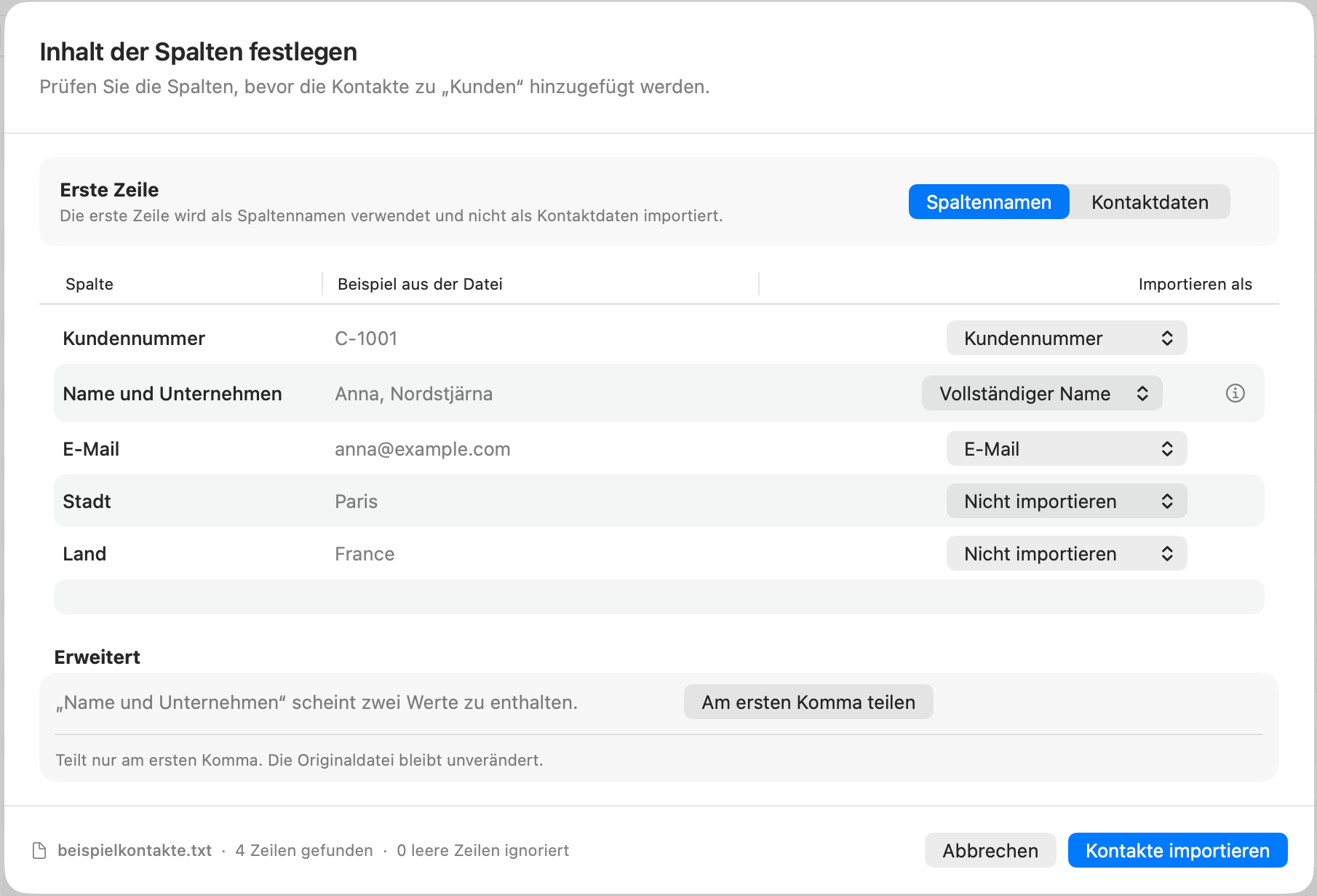 Dearmailos Spaltenzuordnung mit Beispielwerten, vorgeschlagenen Feldern und einer kombinierten Spalte für Name und Unternehmen.