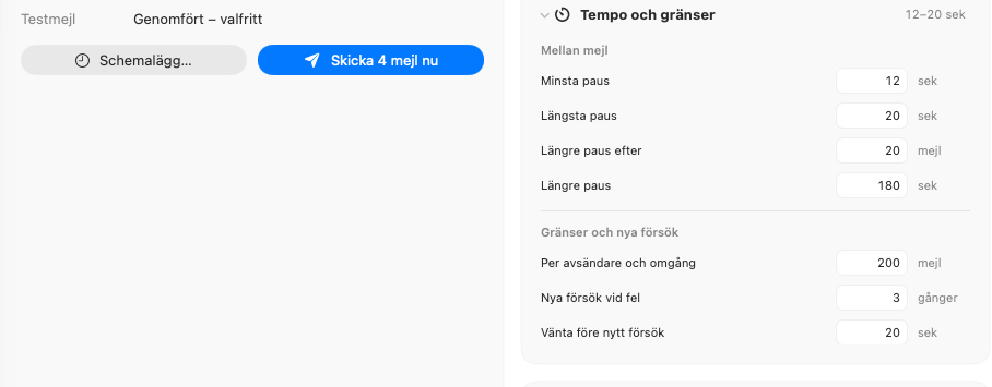 Dearmailos öppna panel Tempo och gränser med kortaste och längsta paus, längre pauser, gränser per avsändare och inställningar för nya försök.