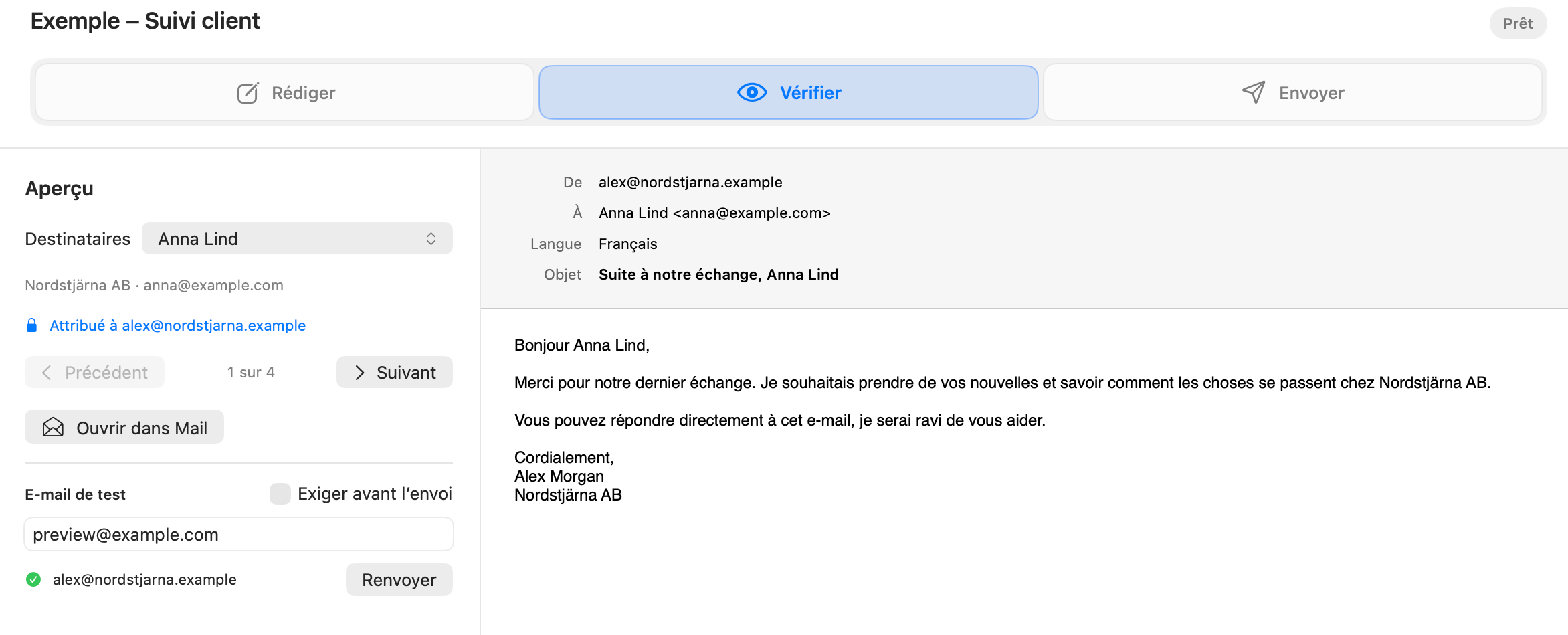 Aperçu pour un destinataire dans Dearmailo avec l’expéditeur, l’objet, le message et les commandes de test