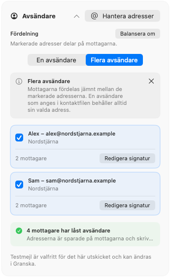 Dearmailos öppna avsändarpanel med Flera avsändare valt, två mottagare vardera för Alex och Sam och knappen Balansera om.