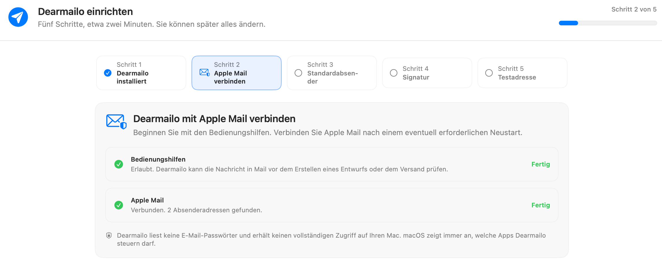 Dearmailos Einrichtungsassistent mit abgeschlossenen Prüfungen für Bedienungshilfen und die Verbindung mit Apple Mail.