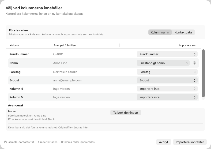 Dearmailos dialog för kolumnmatchning delar ett kombinerat kontaktfält i Namn och Företag.