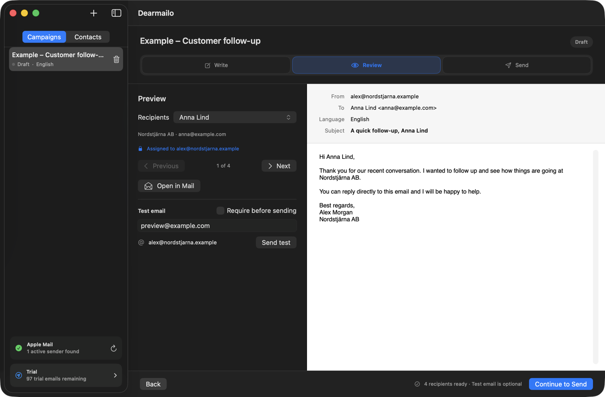 Vista de revisión de Dearmailo con remitente, destinatario, asunto, mensaje, firma y controles de prueba terminados