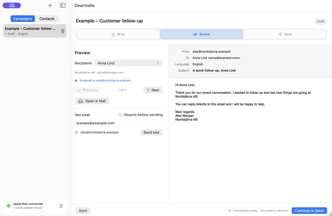 Dearmailo’s Review view showing a personalized message for Anna Lind